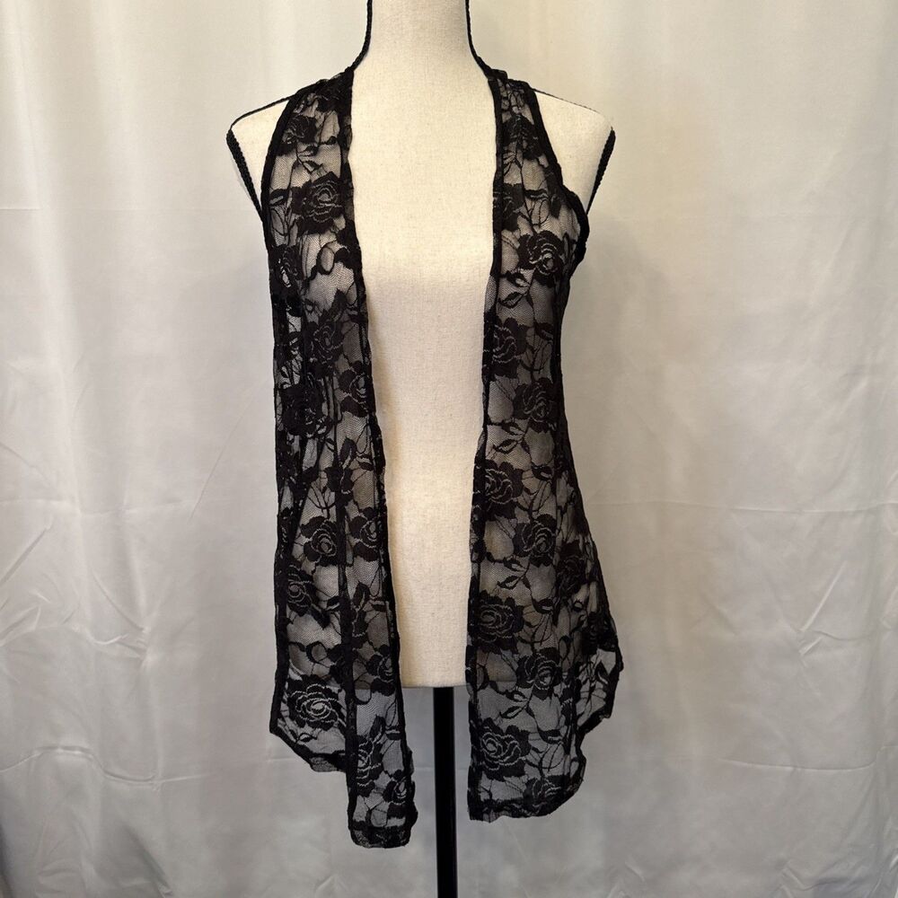 Women's S Crochet Lace Long Vest Black Layering Festival‎ Whimsigoth Witchy